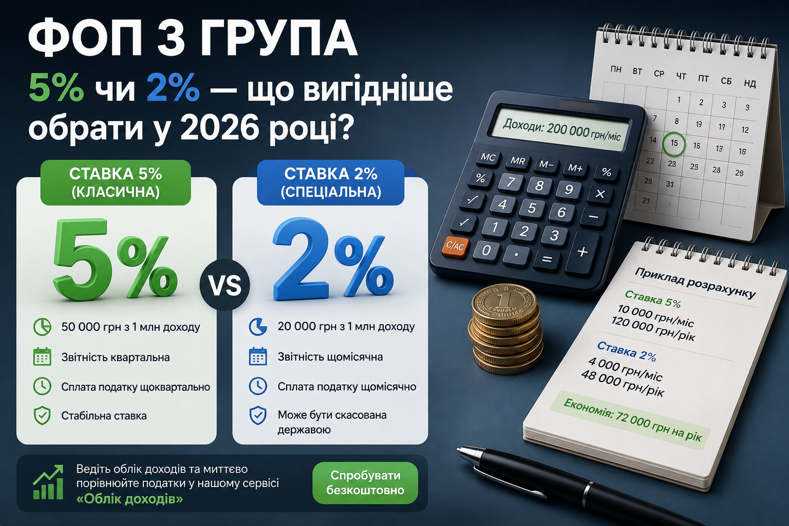 ФОП 3 група: 5% чи 2% — що вигідніше обрати у 2026 році?